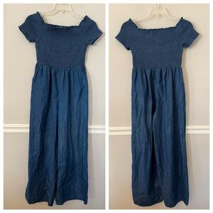 Blue rain blue denim jean look smocked chest  off shoulder jumpsuit. L